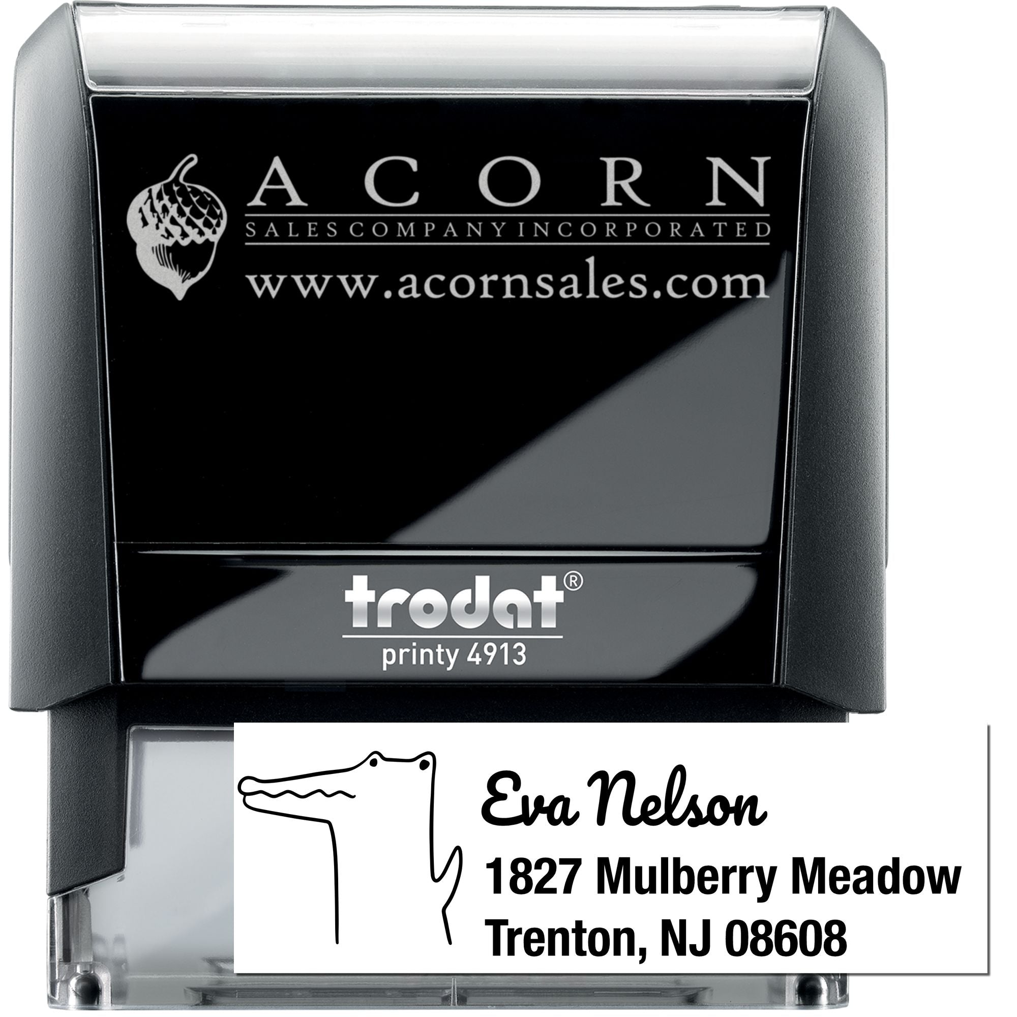 Trodat Printy self-inking rubber stamp with custom logo and return address imprint for business mailing.