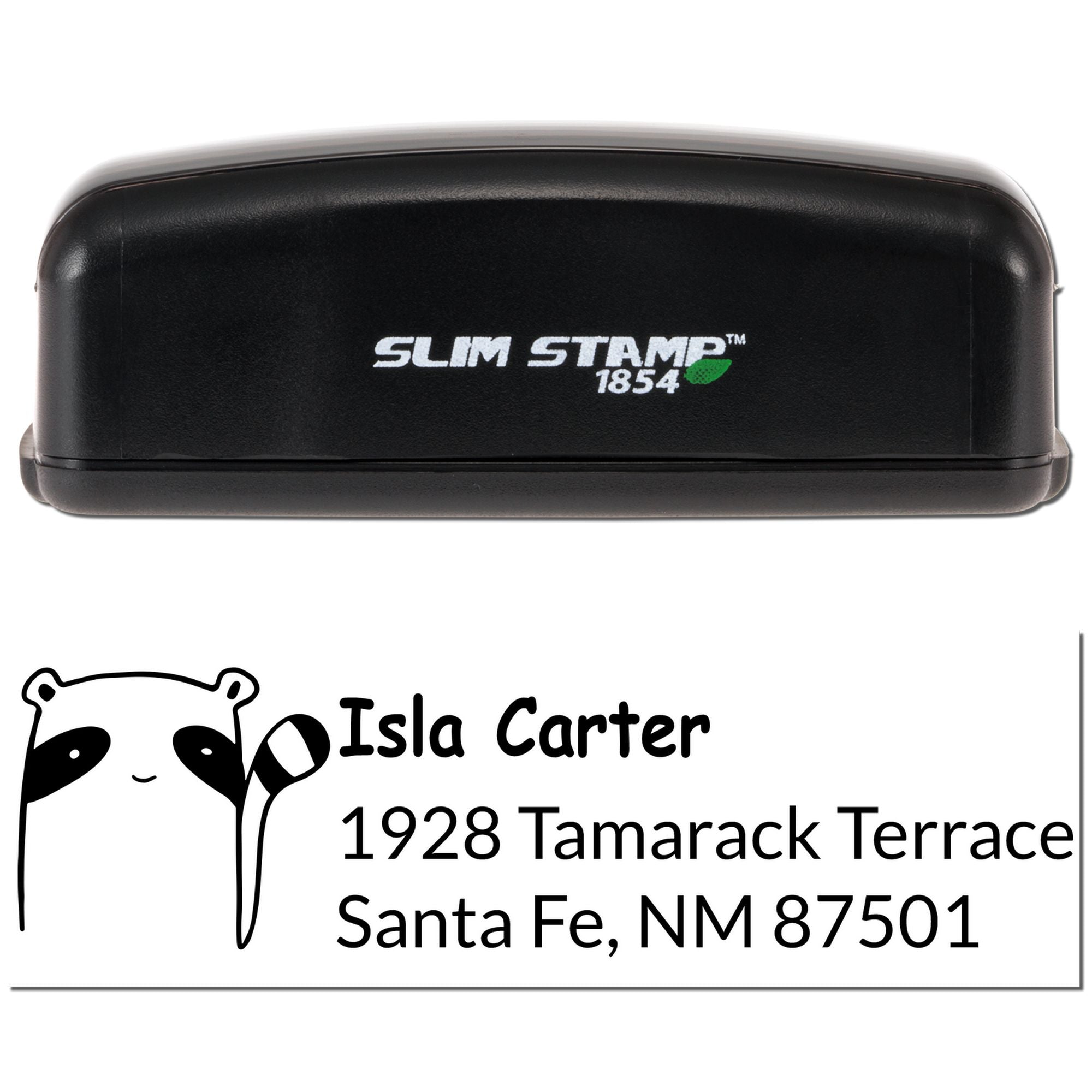 Slim Stamp 1854 custom self-inking rubber address stamp with panda design, personalized name and address for mailing.