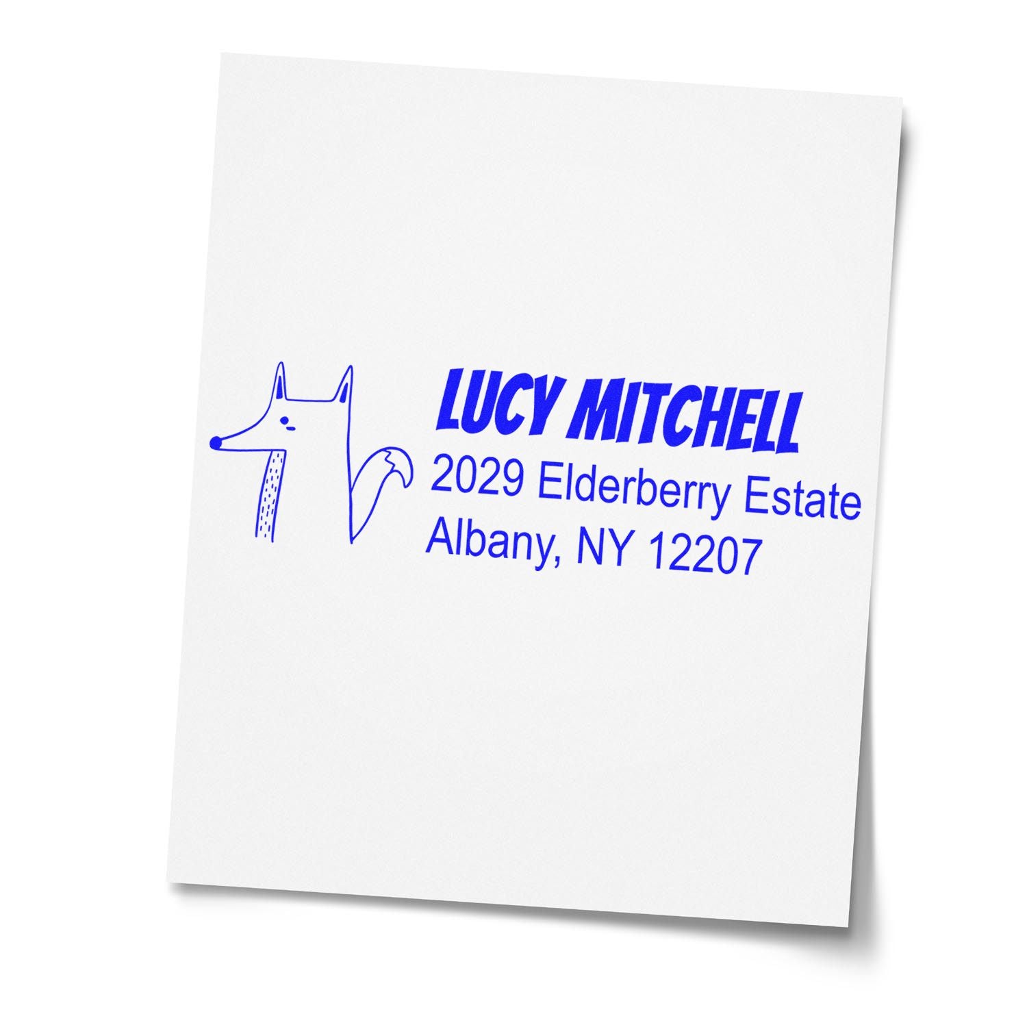 Custom return address rubber stamp with fox logo for Lucy Mitchell, 2029 Elderberry Estate, Albany, NY 12207