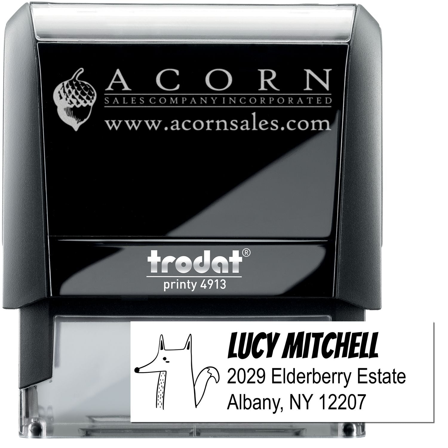 Custom self-inking rubber stamp with company logo and address imprint, Trodat Printy 4913.