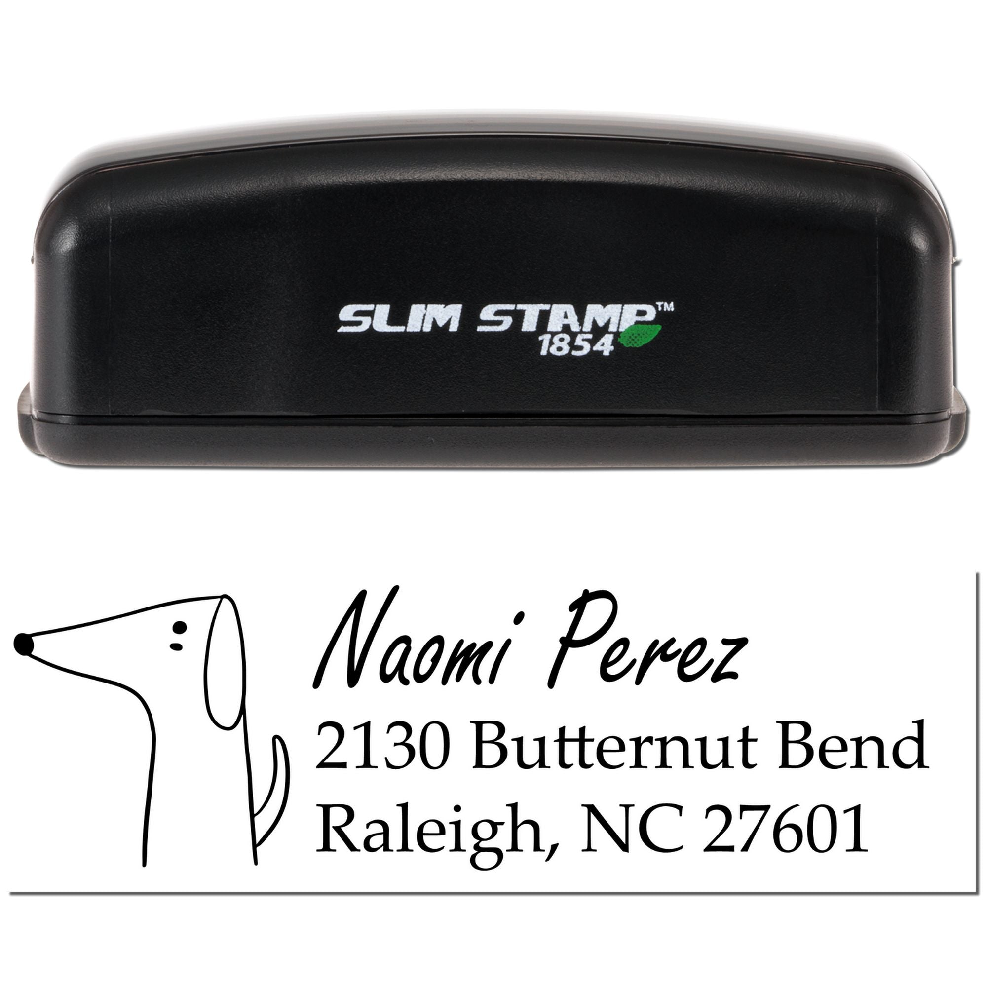 Slim Stamp 1854 custom address rubber stamp with Naomi Perez name and Raleigh, NC return address.