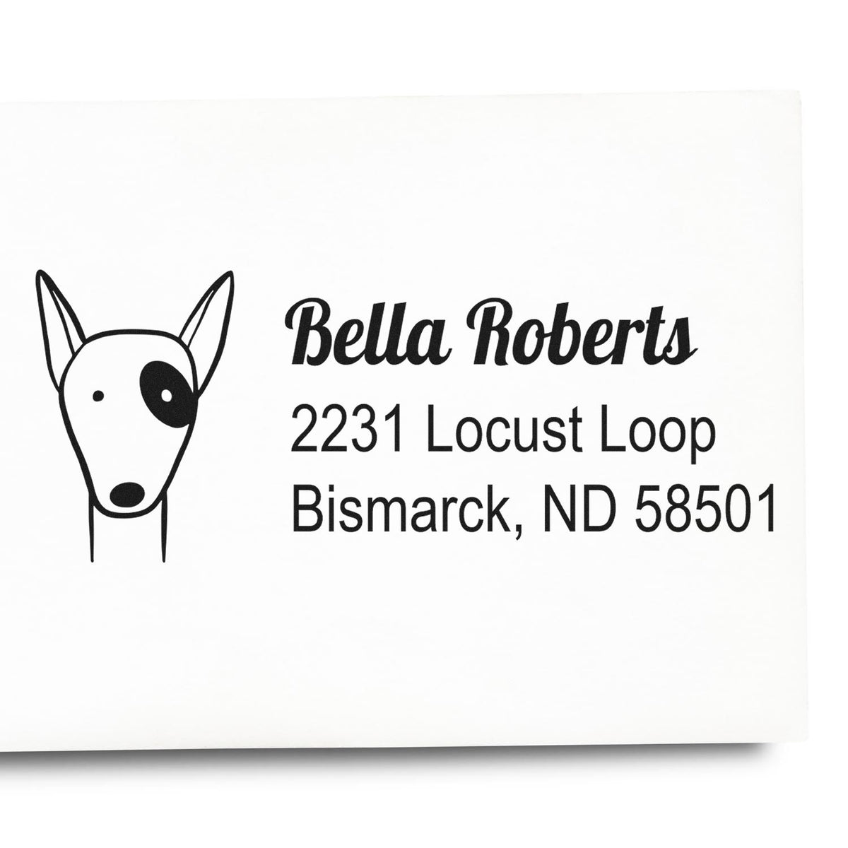 Custom return address rubber stamp with dog logo for Bella Roberts, 2231 Locust Loop, Bismarck, ND 58501