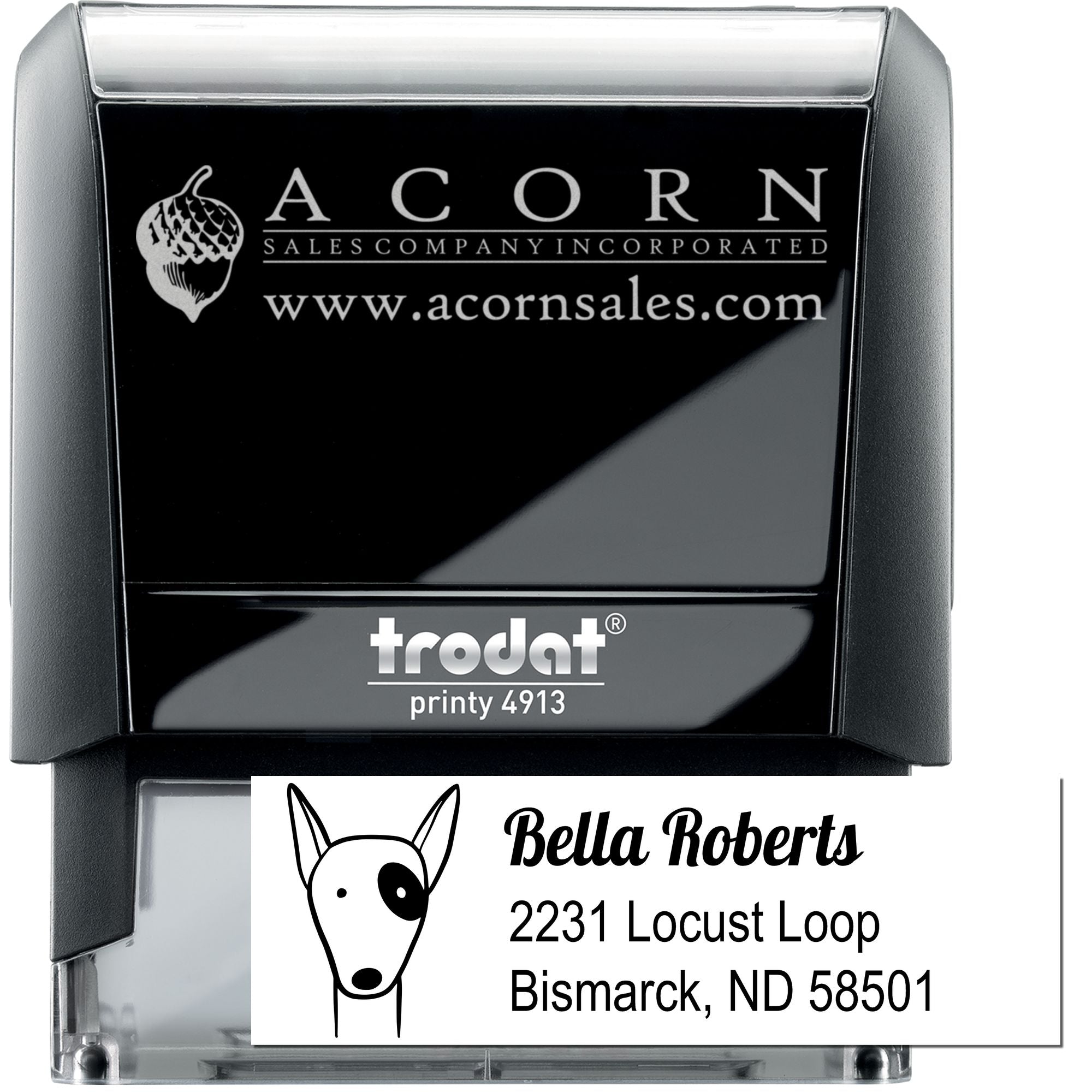 Custom self-inking rubber stamp with logo and address imprint for business branding and mailing.