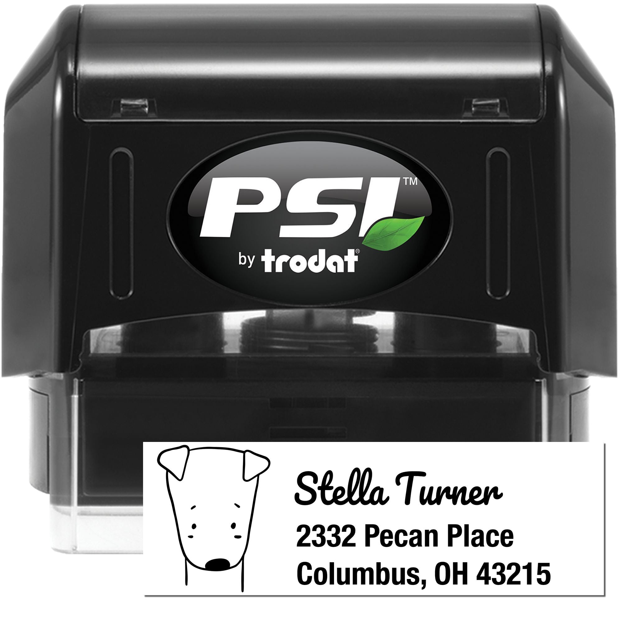 PSI by Trodat self-inking rubber stamp with custom address and dog logo for personalized mailing and business use