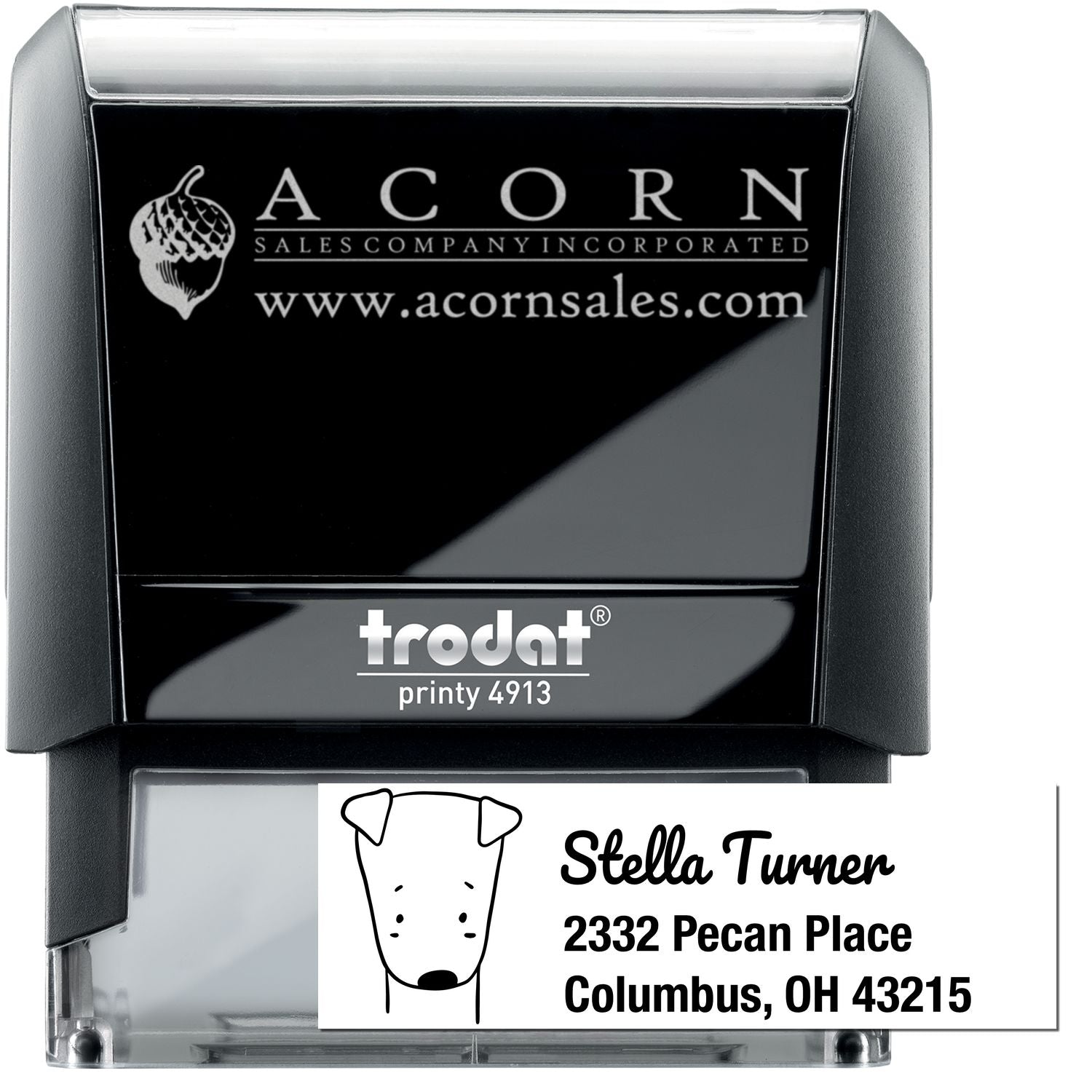 Custom self-inking rubber stamp with personalized address and logo imprint for business mailing and branding.
