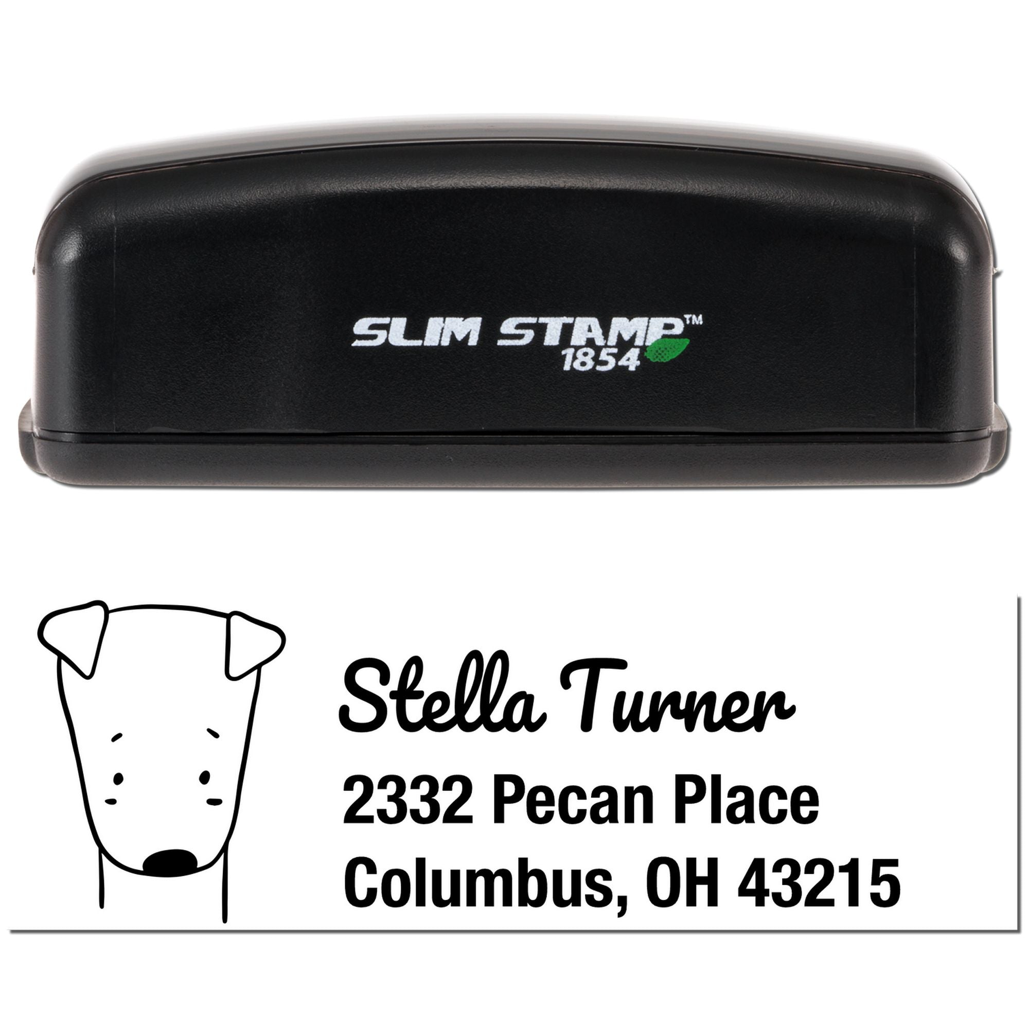 Custom self-inking rubber address stamp for Stella Turner, Columbus OH 43215, with dog logo
