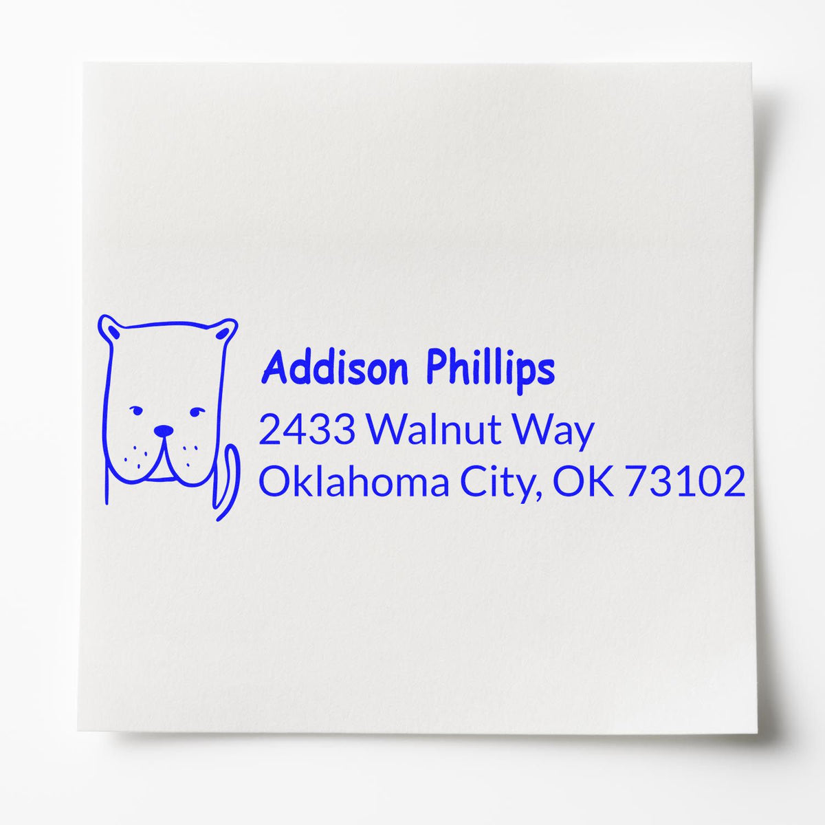 Custom address rubber stamp with bear icon for Addison Phillips, showing Oklahoma City return address.