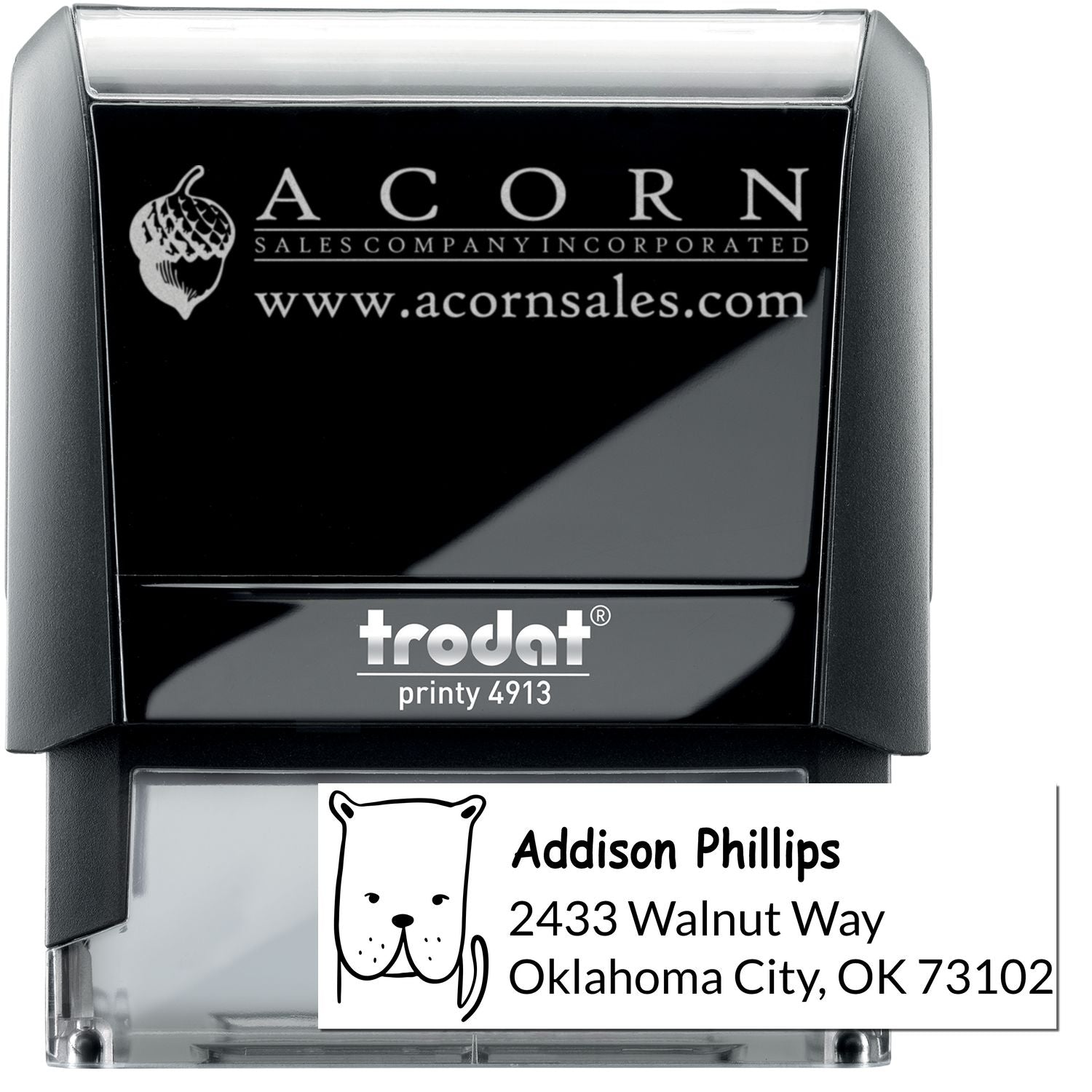 Custom Trodat self-inking rubber stamp with logo and address imprint for business branding and mailing.