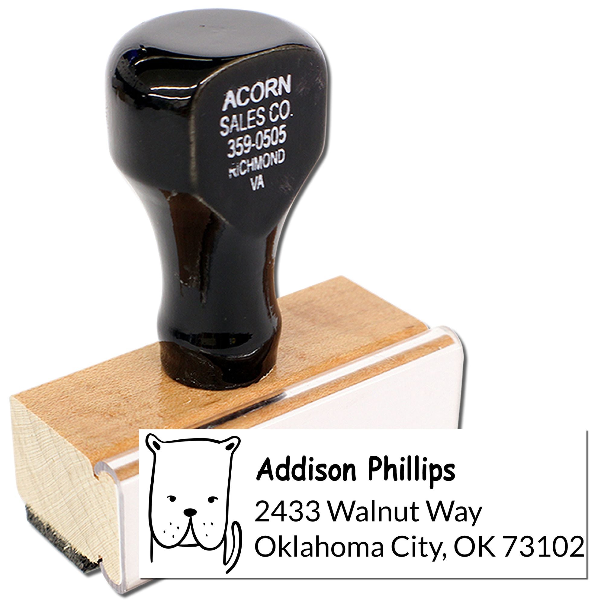 Custom return address rubber stamp with name, street address and bear illustration on a wood-mounted stamp handle.