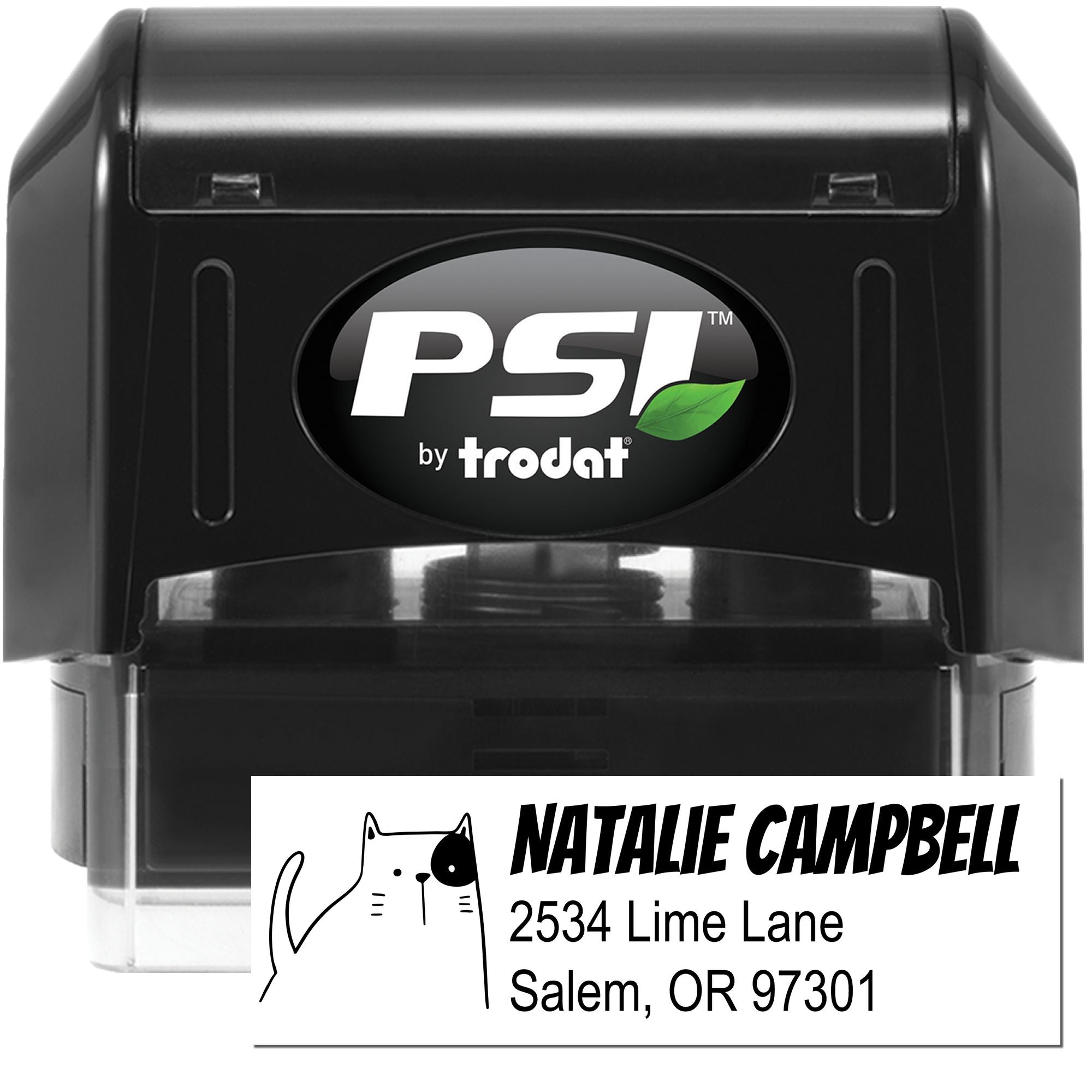 PSI by Trodat self-inking rubber stamp with custom address label for mailing, featuring Natalie Campbell name and address.