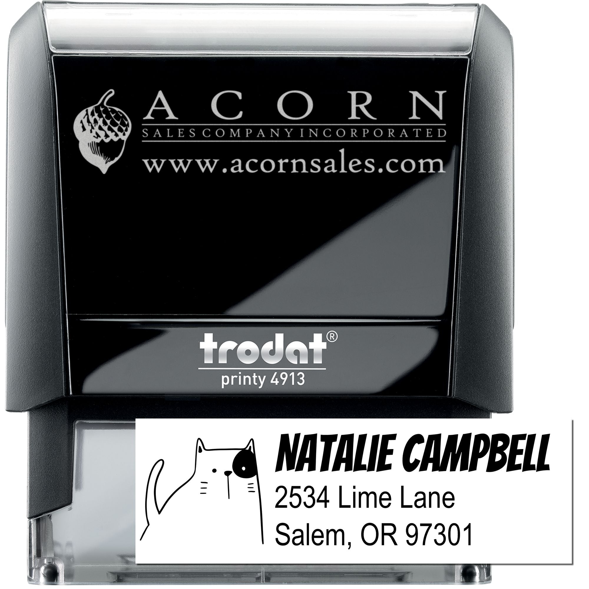 Custom self-inking rubber address stamp with logo, name, and return address for business mailing.