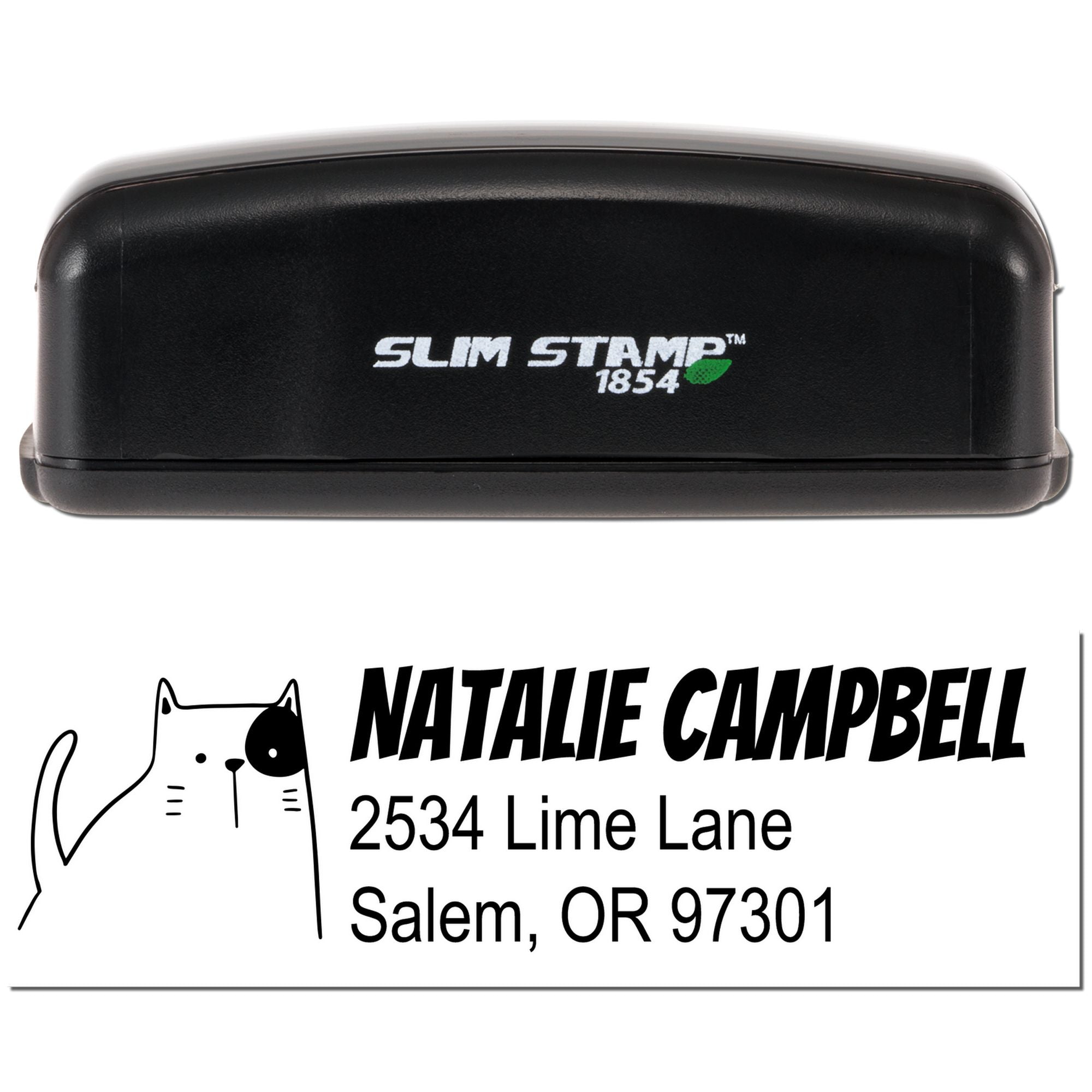 Custom self-inking address rubber stamp for Natalie Campbell with cat logo, Salem, OR 97301.