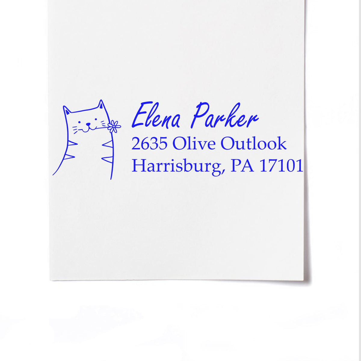 Custom rubber stamp with cat illustration and return address for Elena Parker in Harrisburg, PA.