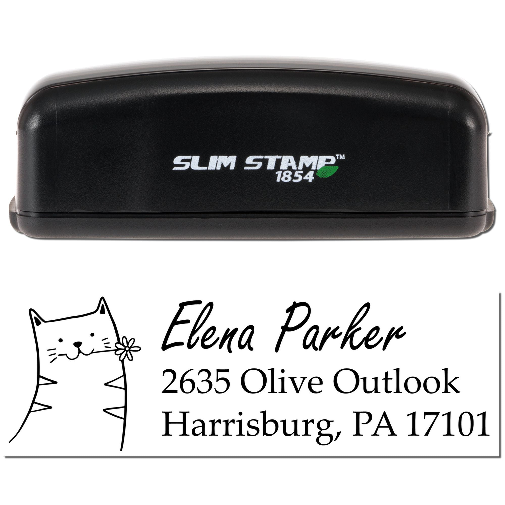 Slim Stamp 1854 custom self-inking rubber stamp with cat illustration and address for Elena Parker, Harrisburg, PA 17101.
