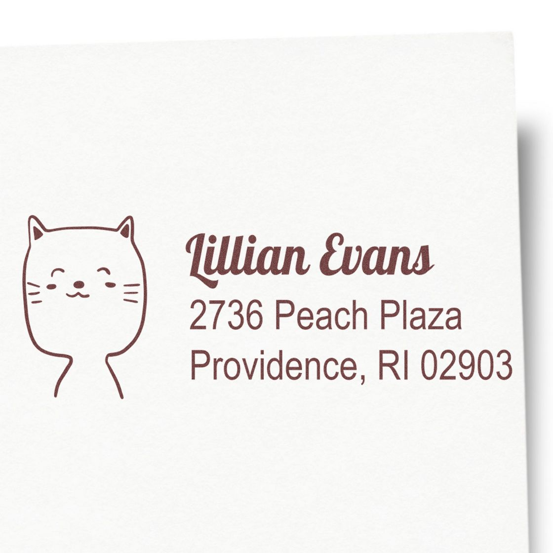 Custom cat return address rubber stamp with name and Providence, RI mailing address for envelopes