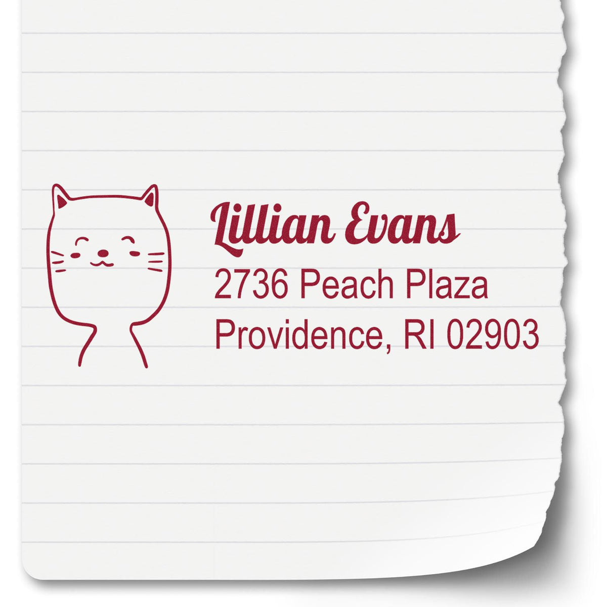 Personalized cat address rubber stamp for Lillian Evans, 2736 Peach Plaza, Providence, RI 02903.