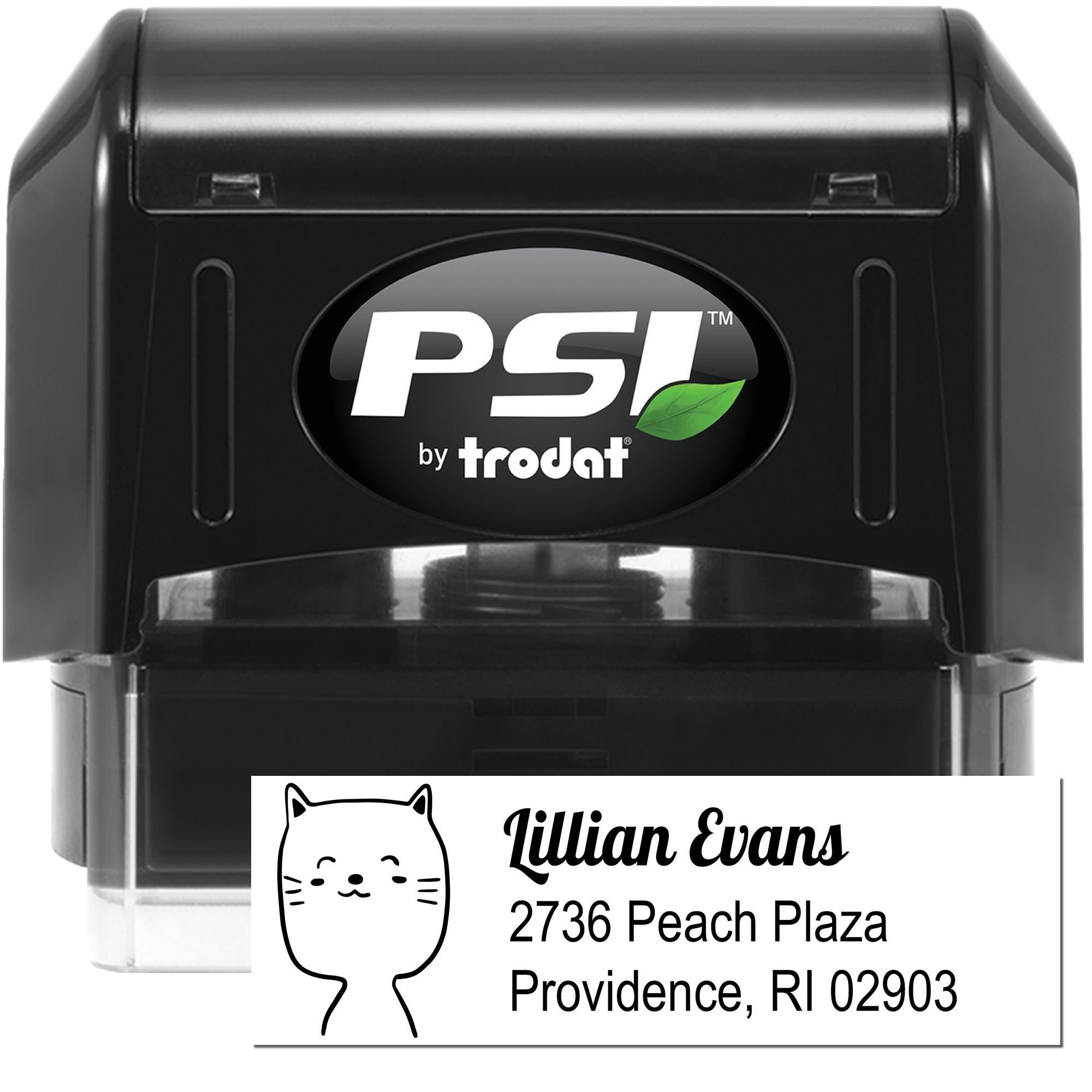 PSI by Trodat self-inking address rubber stamp with cat icon for Lillian Evans, Providence, RI 02903.