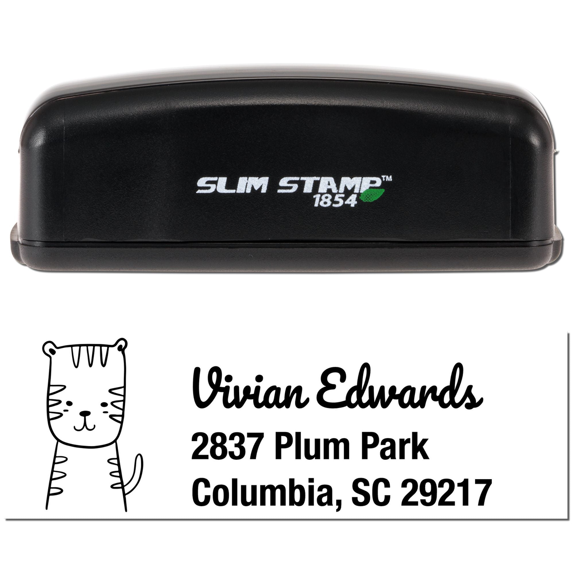 Custom self-inking rubber address stamp for Vivian Edwards with cat design and Columbia, SC return address.