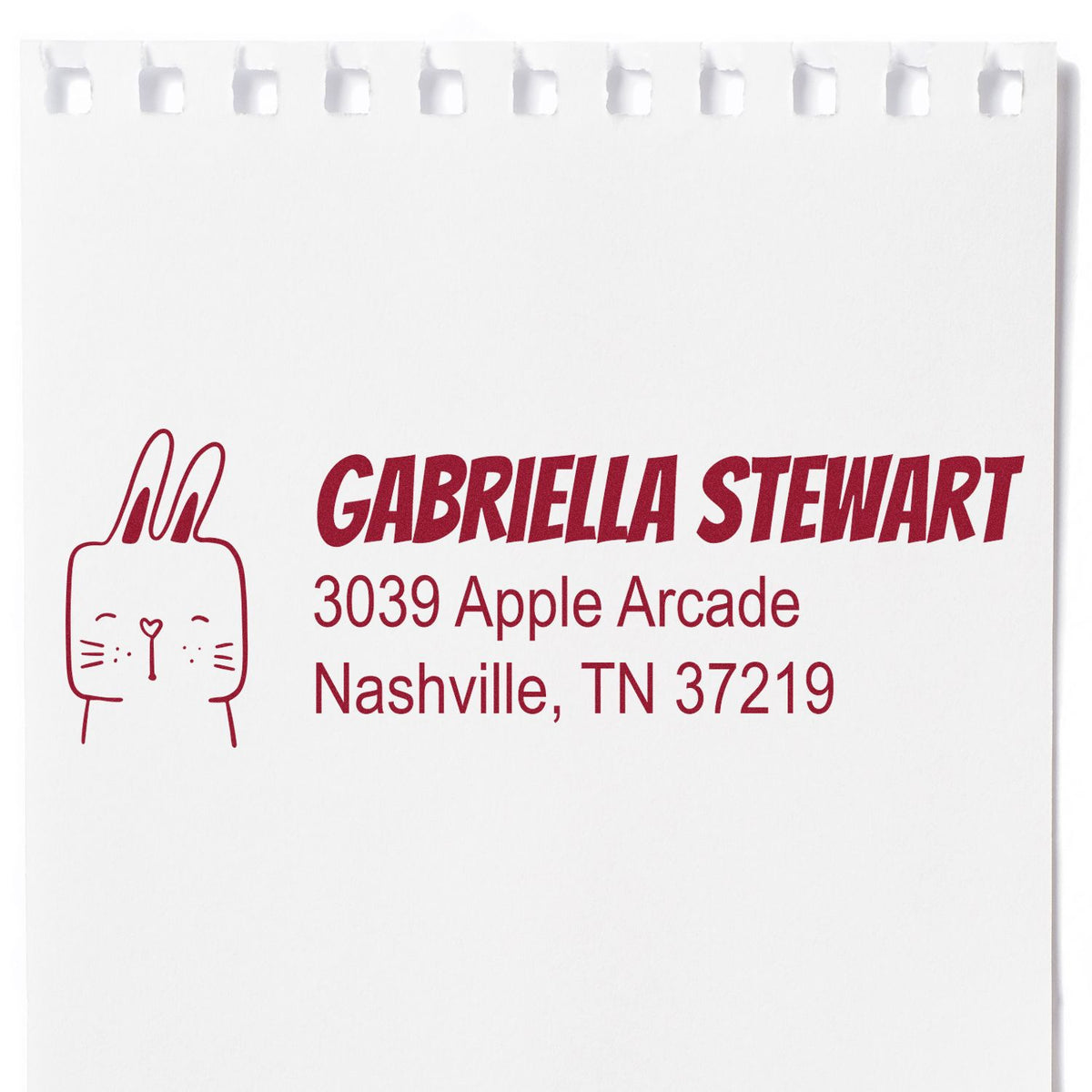 Custom address rubber stamp with bunny logo for Gabriella Stewart, Nashville, TN mailing and branding.