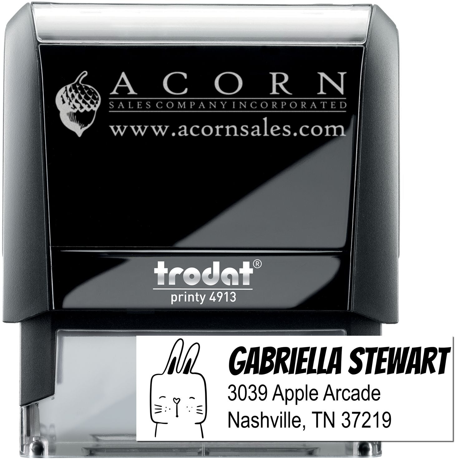 Custom self-inking rubber stamp for business logo and address imprinting, Trodat Printy 4913.