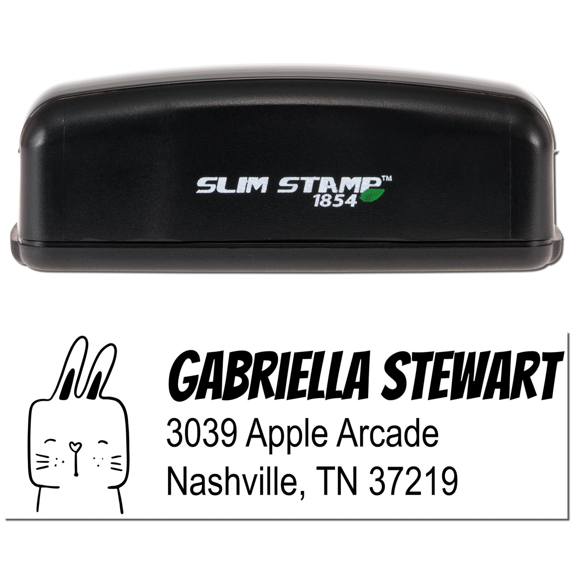 Slim Stamp 1854 custom address rubber stamp for Gabriella Stewart, Nashville TN 37219, with cat logo.