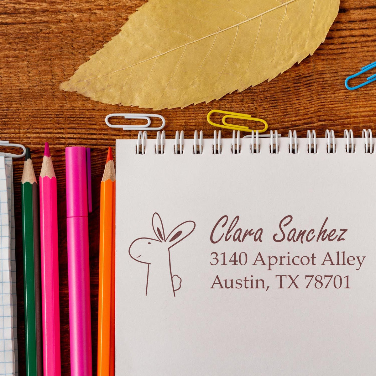 Personalized rabbit return address rubber stamp on notebook with pens and stationery