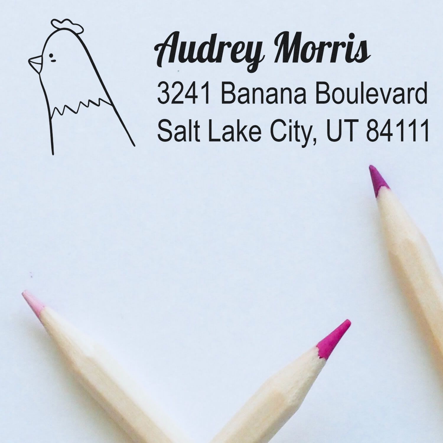 Custom chicken return address rubber stamp with name and Salt Lake City, UT address for envelopes and stationery.