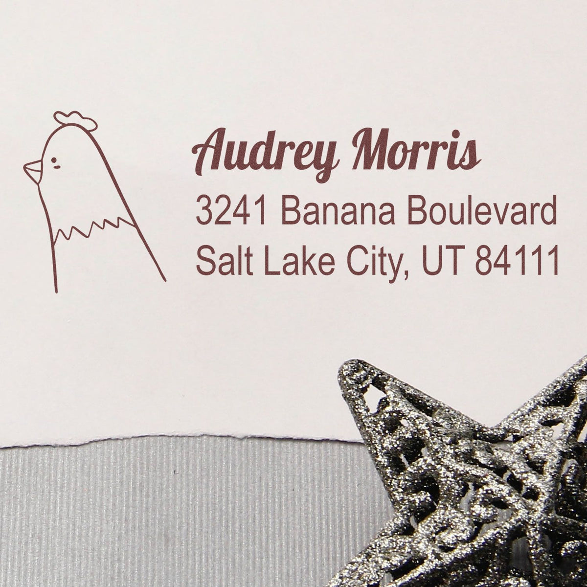 Custom chicken return address rubber stamp for Audrey Morris, Salt Lake City, UT 84111