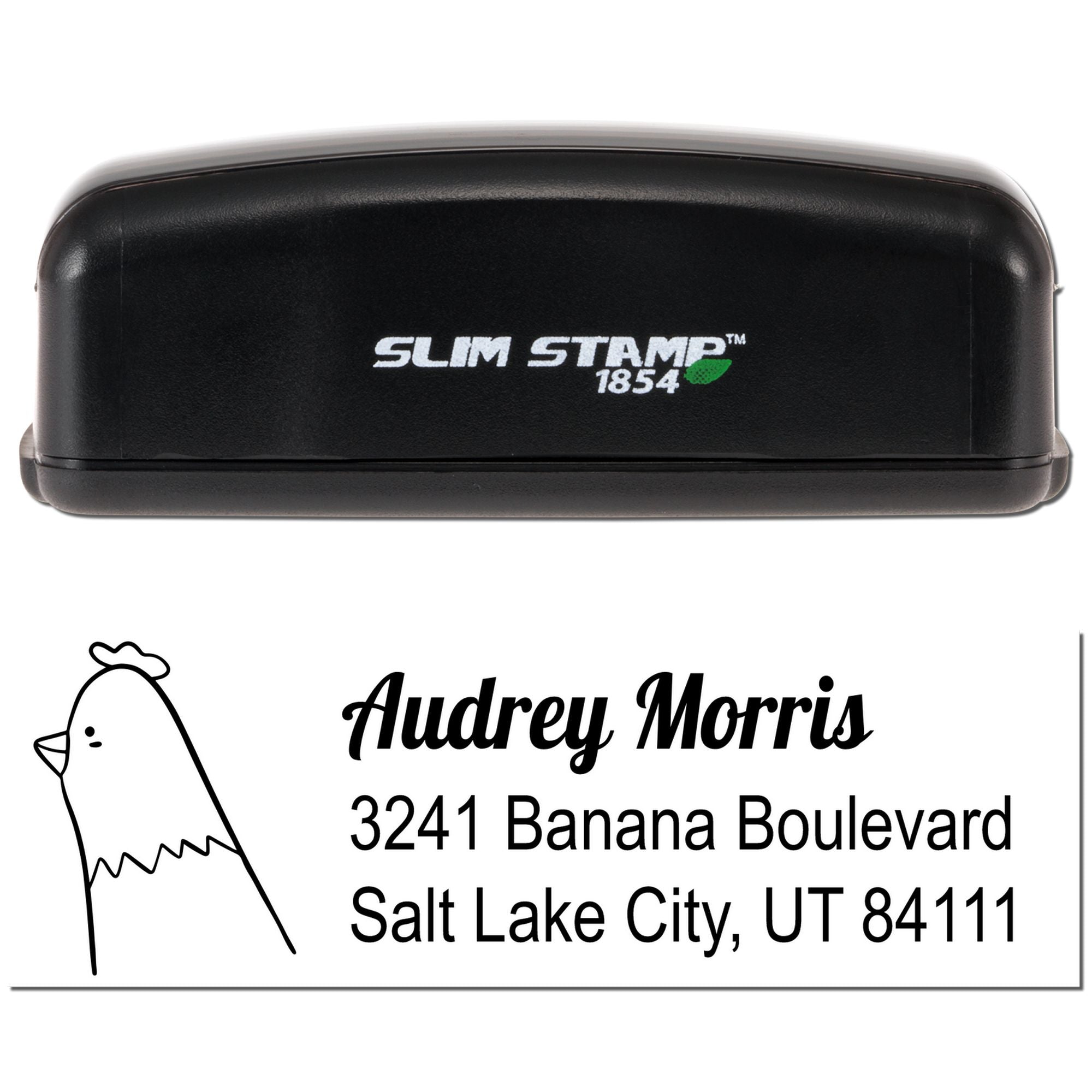 Slim Stamp 1854 custom address rubber stamp with chicken icon for Audrey Morris, Salt Lake City, UT