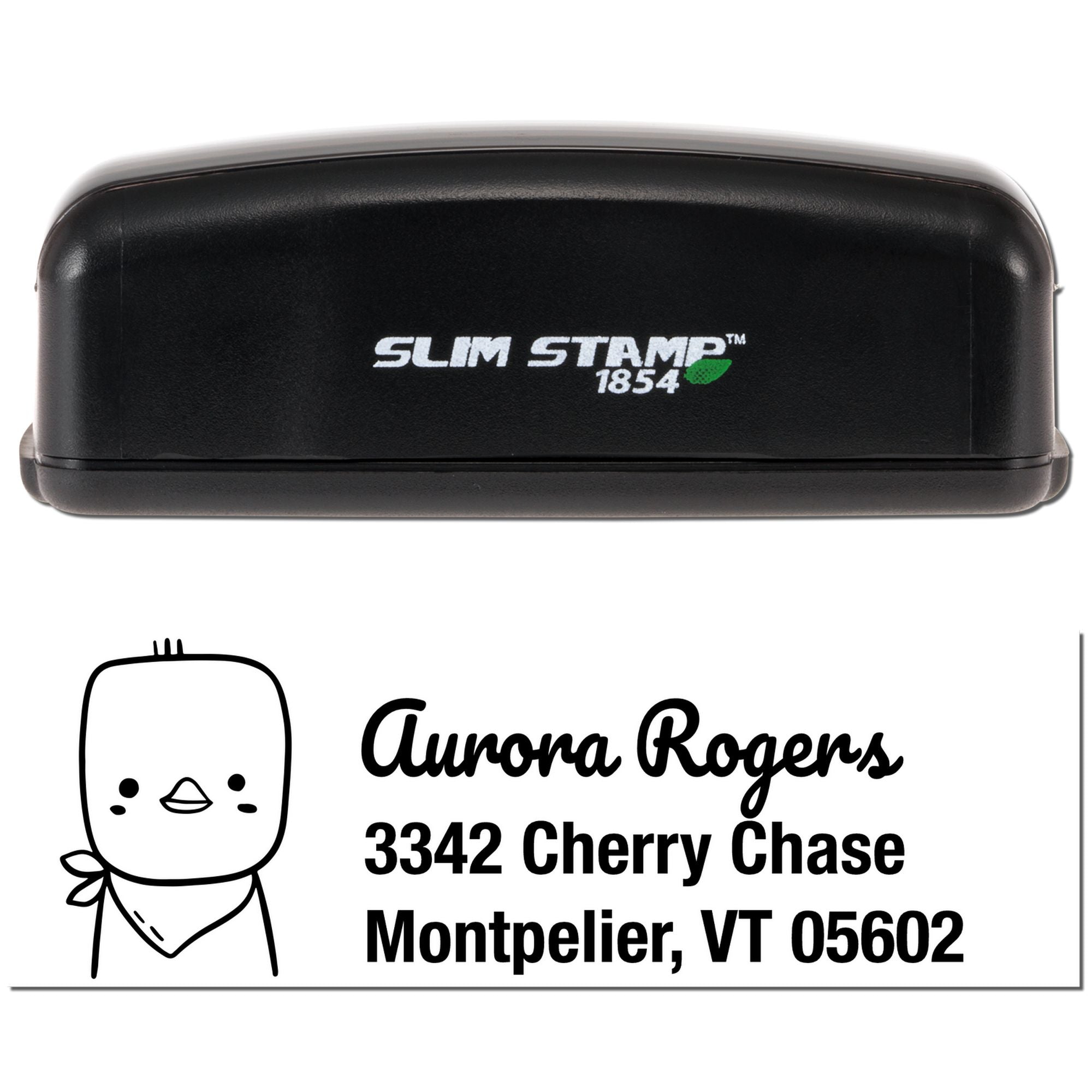 Slim Stamp 1854 custom rubber address stamp with Aurora Rogers name and Montpelier, VT address for mailing and branding.