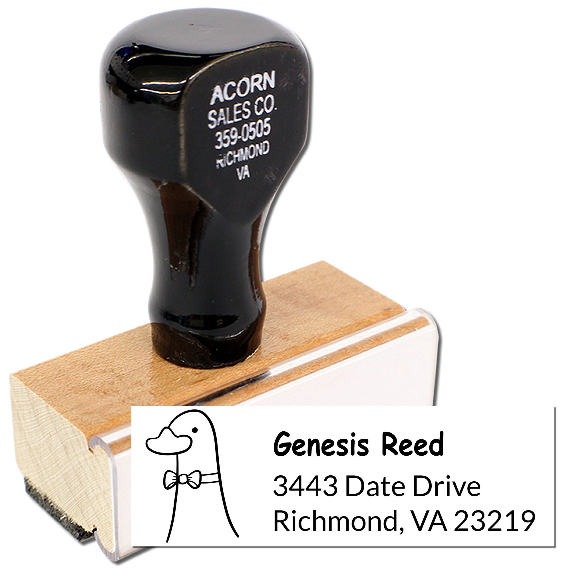 Custom business rubber stamp showing Genesis Reed logo and Richmond, VA address for mailing and branding.