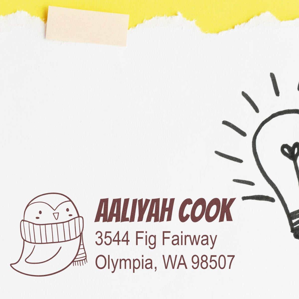 Custom return address rubber stamp with owl icon for Aaliyah Cook, Olympia, WA 98507