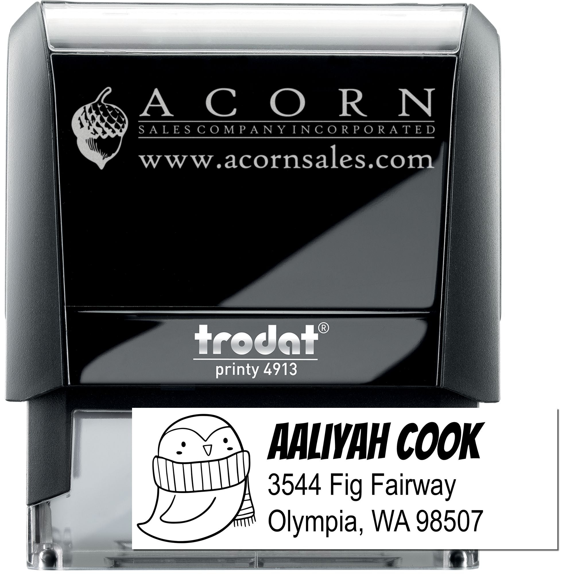 Trodat Printy 4913 self-inking rubber stamp with custom business logo, name and address for mailing and branding.