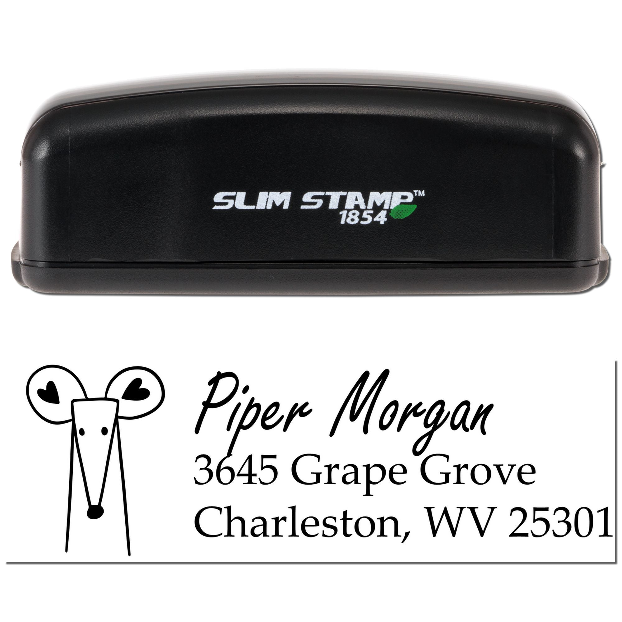 Slim Stamp 1854 self-inking rubber stamp with custom Piper Morgan return address stamp design