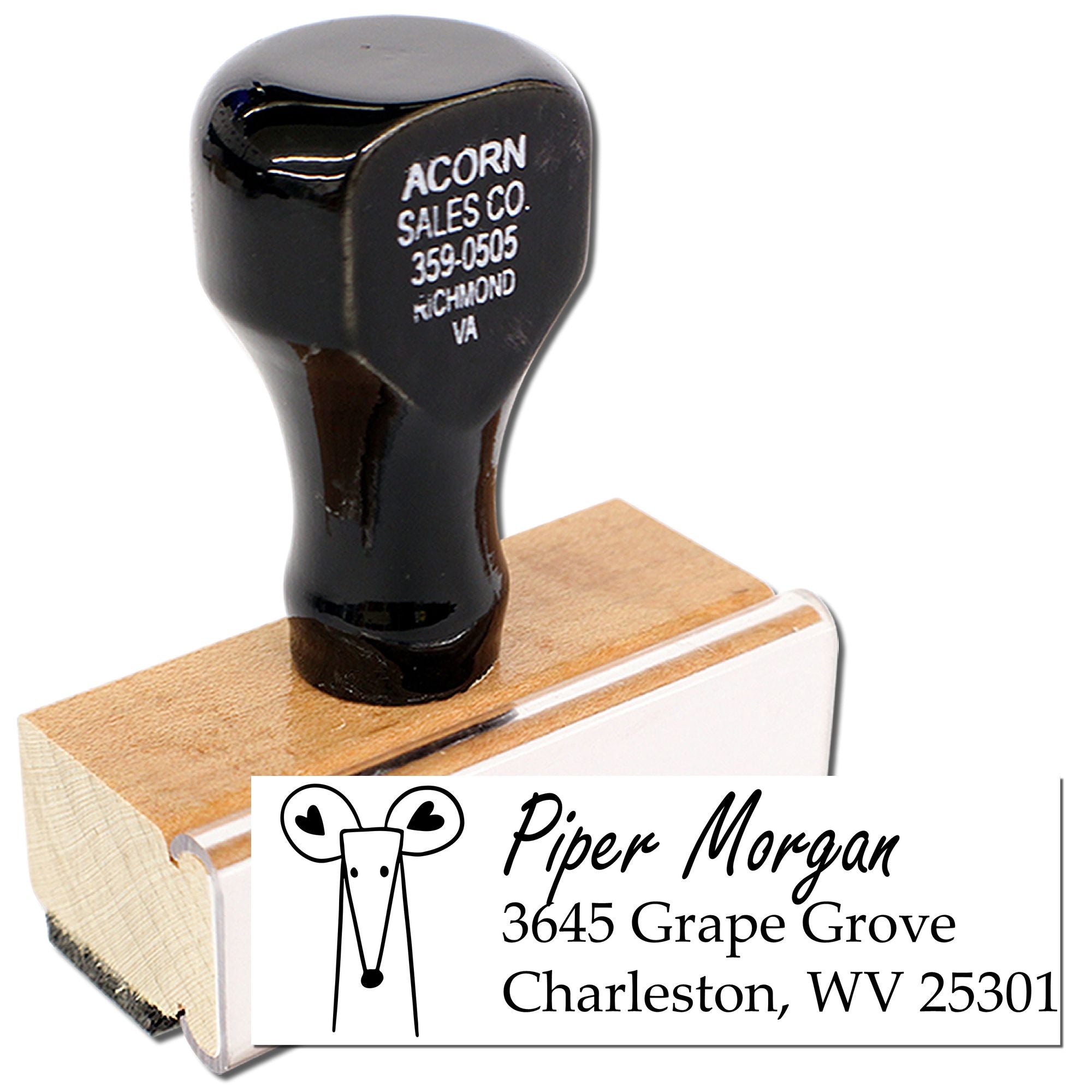 Custom address rubber stamp with dog icon for Piper Morgan, Charleston, WV 25301