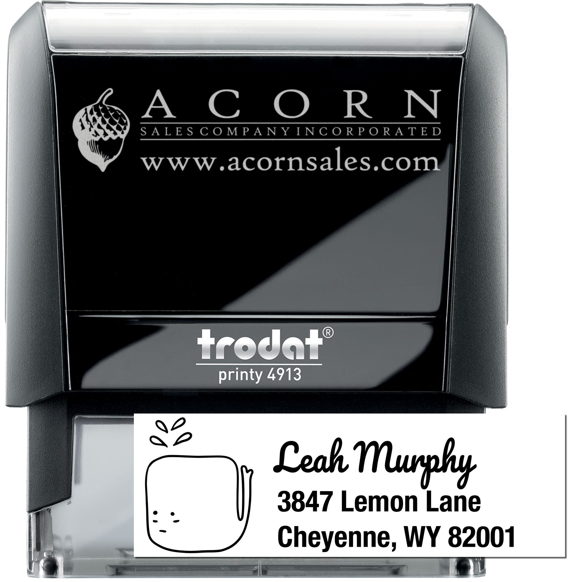 Custom self-inking return address rubber stamp with personalized name and address for mailing and business use.
