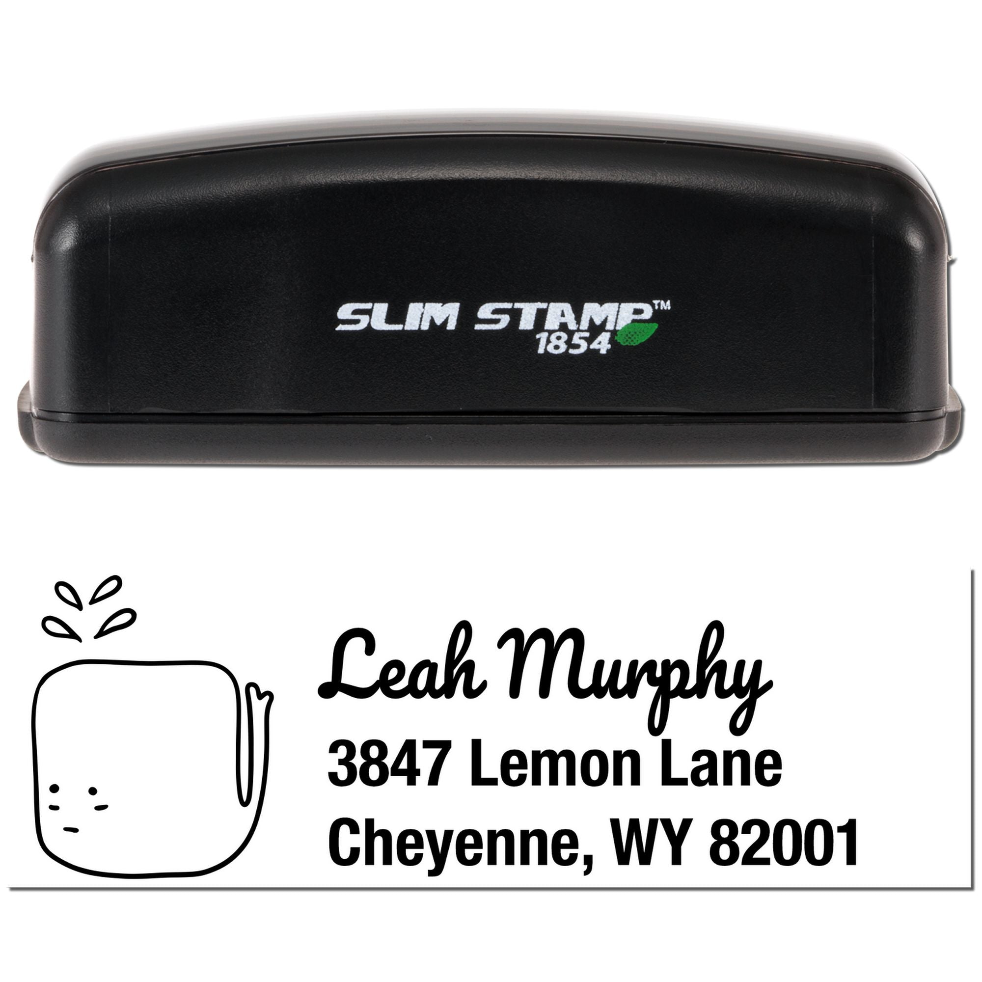 Custom self-inking rubber address stamp with Slim Stamp 1854 case, featuring Leah Murphy return address for envelopes.