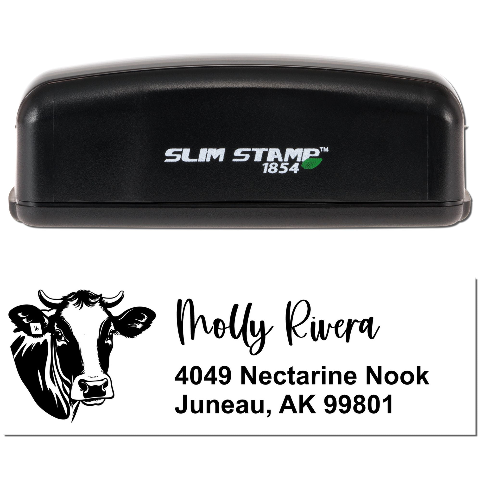 Slim Stamp custom self-inking rubber address stamp with cow logo for Molly Rivera, 4049 Nectarine Nook, Juneau, AK 99801