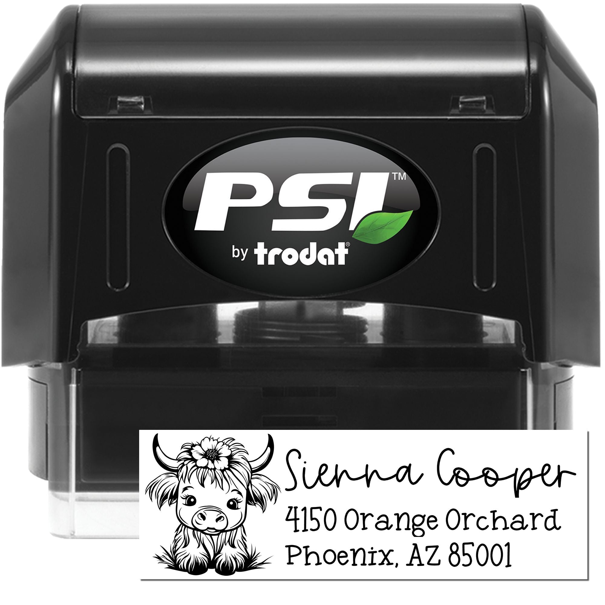 PSI by Trodat self-inking rubber stamp with custom return address design for Sierra Cooper, Phoenix, AZ.