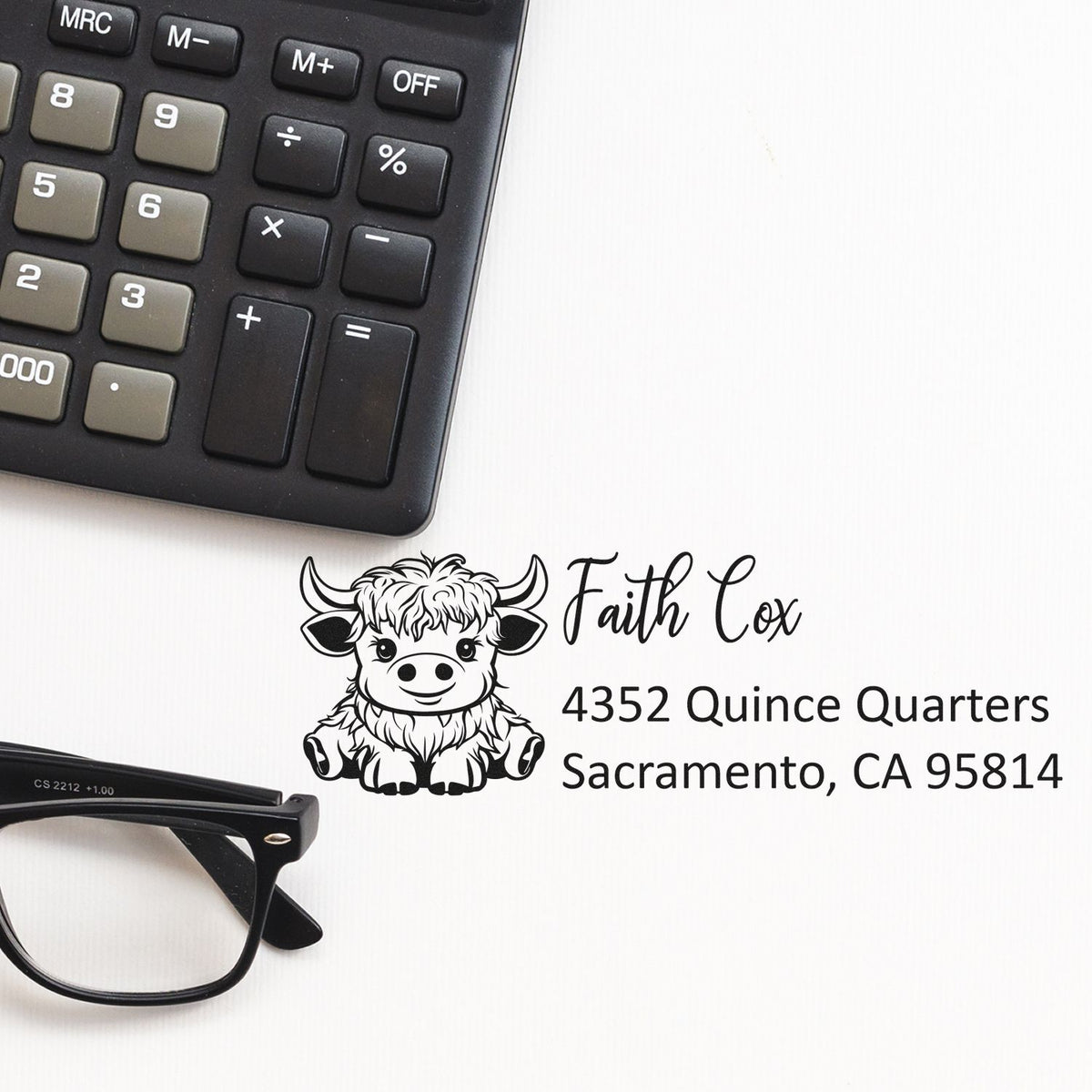 Personalized rubber stamp with cow design for Faith Cox, Sacramento, CA 95814