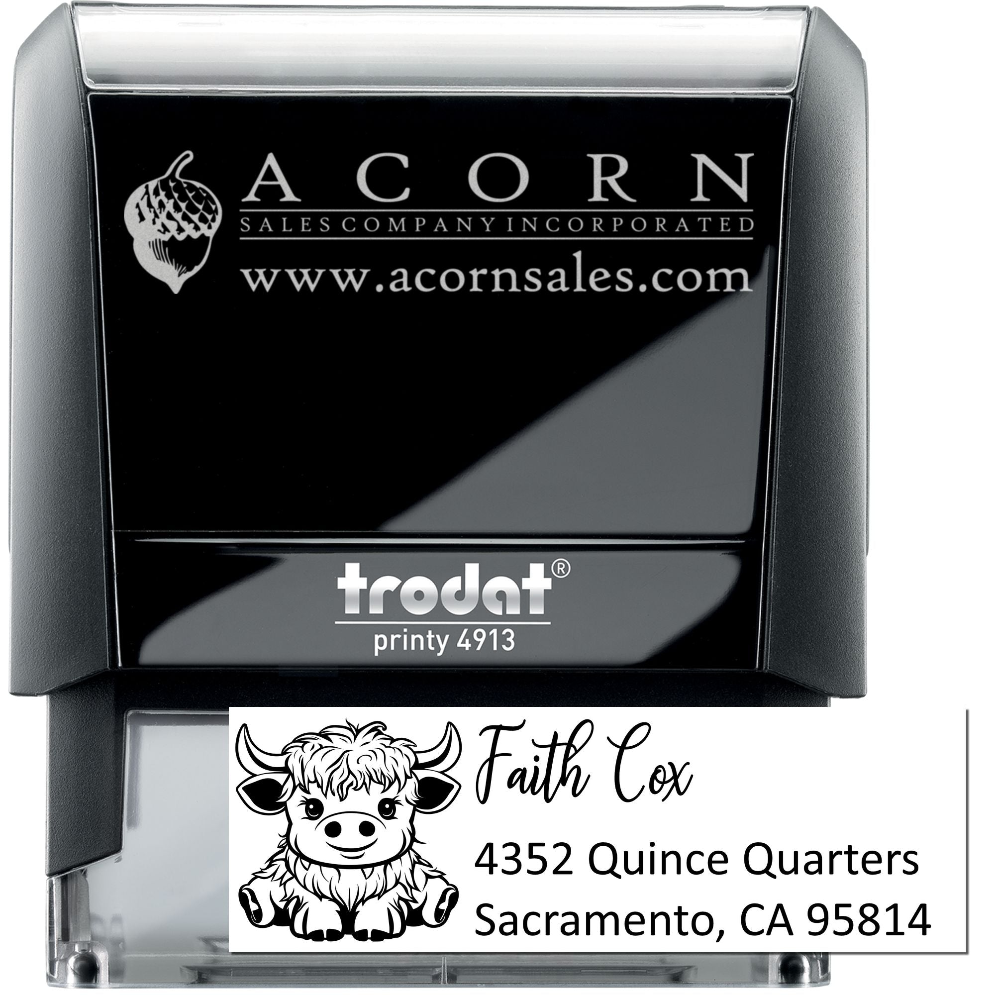Personalized self-inking rubber stamp featuring a business logo, name, and address for branding and mailing.
