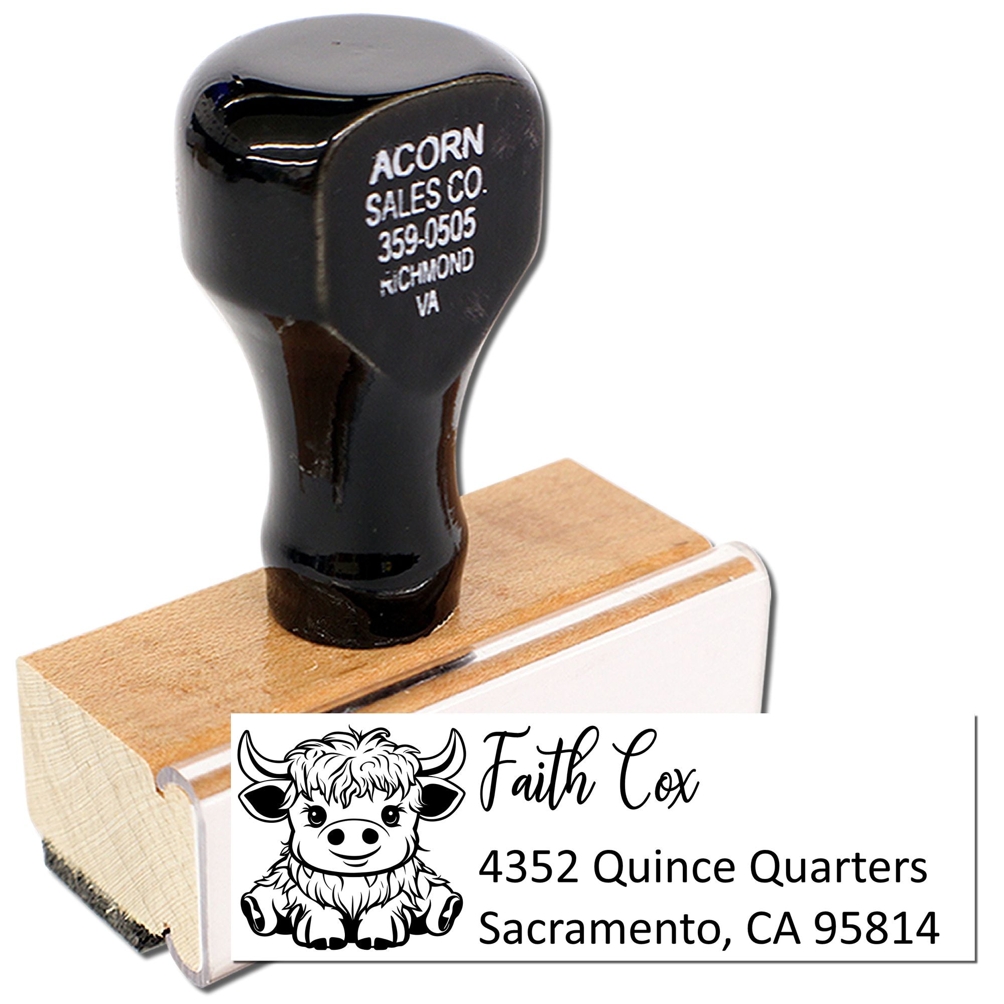 Custom cow logo return address rubber stamp for Faith Cox, Sacramento, CA 95814