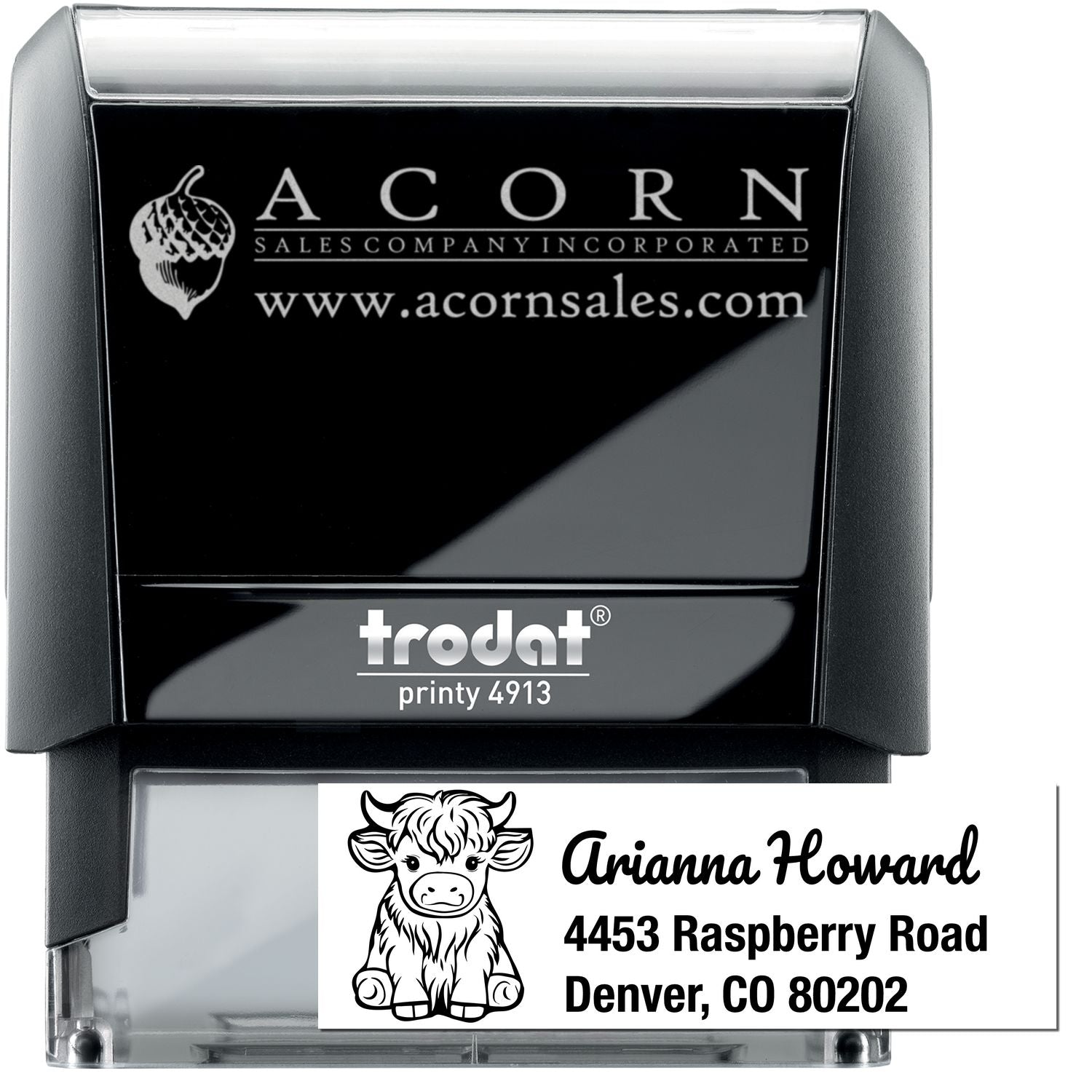 Custom self-inking Trodat Printy 4913 rubber stamp with business logo and personalized address stamp impression