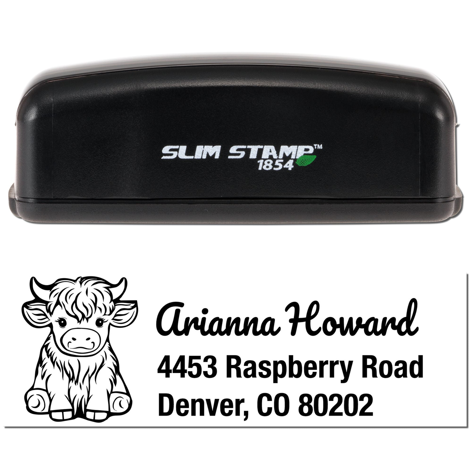 Custom Slim Stamp 1854 rubber stamp with cow graphic and address for Arianna Howard, Denver, CO 80202.