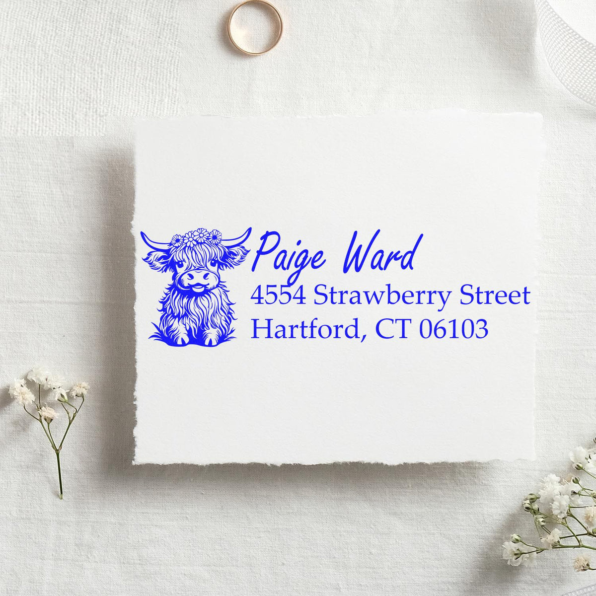 Custom highland cow address rubber stamp with name and Hartford, CT return address for personalized mailings.