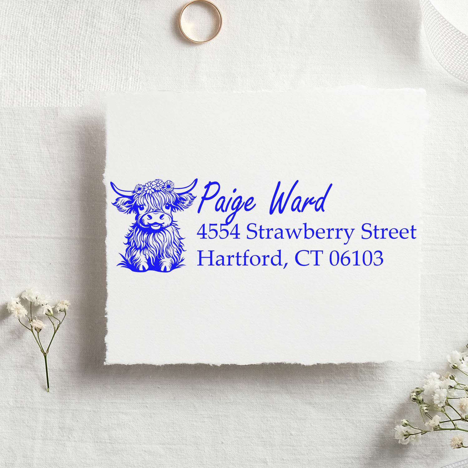Custom highland cow address rubber stamp for Paige Ward, Hartford, CT 06103