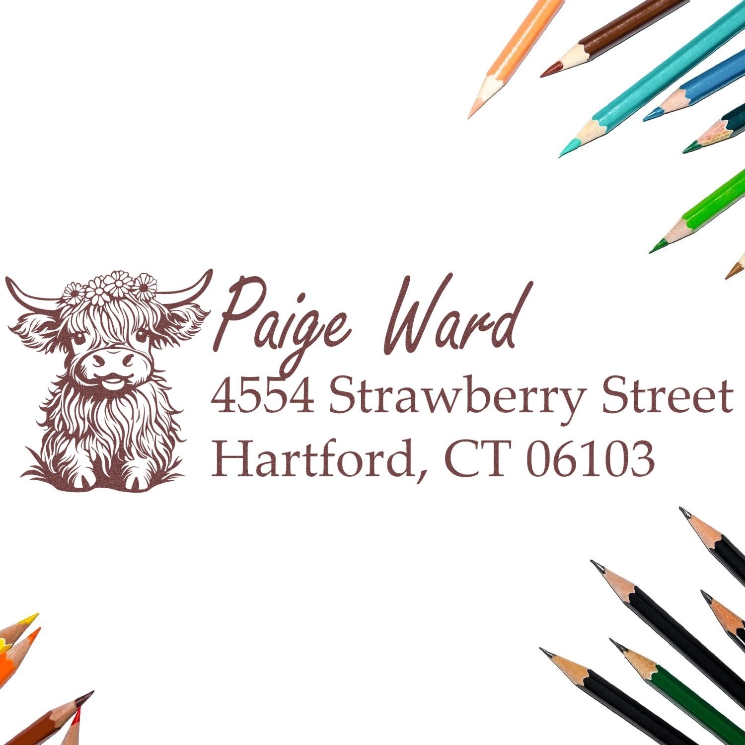 Custom return address rubber stamp with Highland cow design for Paige Ward, Hartford CT 06103
