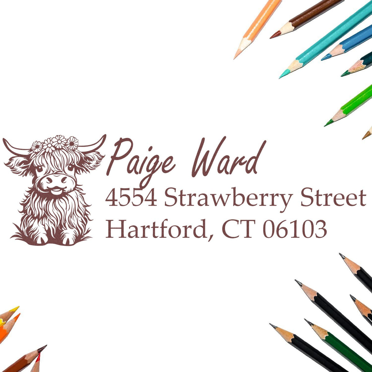Custom Highland cow return address rubber stamp for Paige Ward, 454 Strawberry Street, Hartford, CT 06103.
