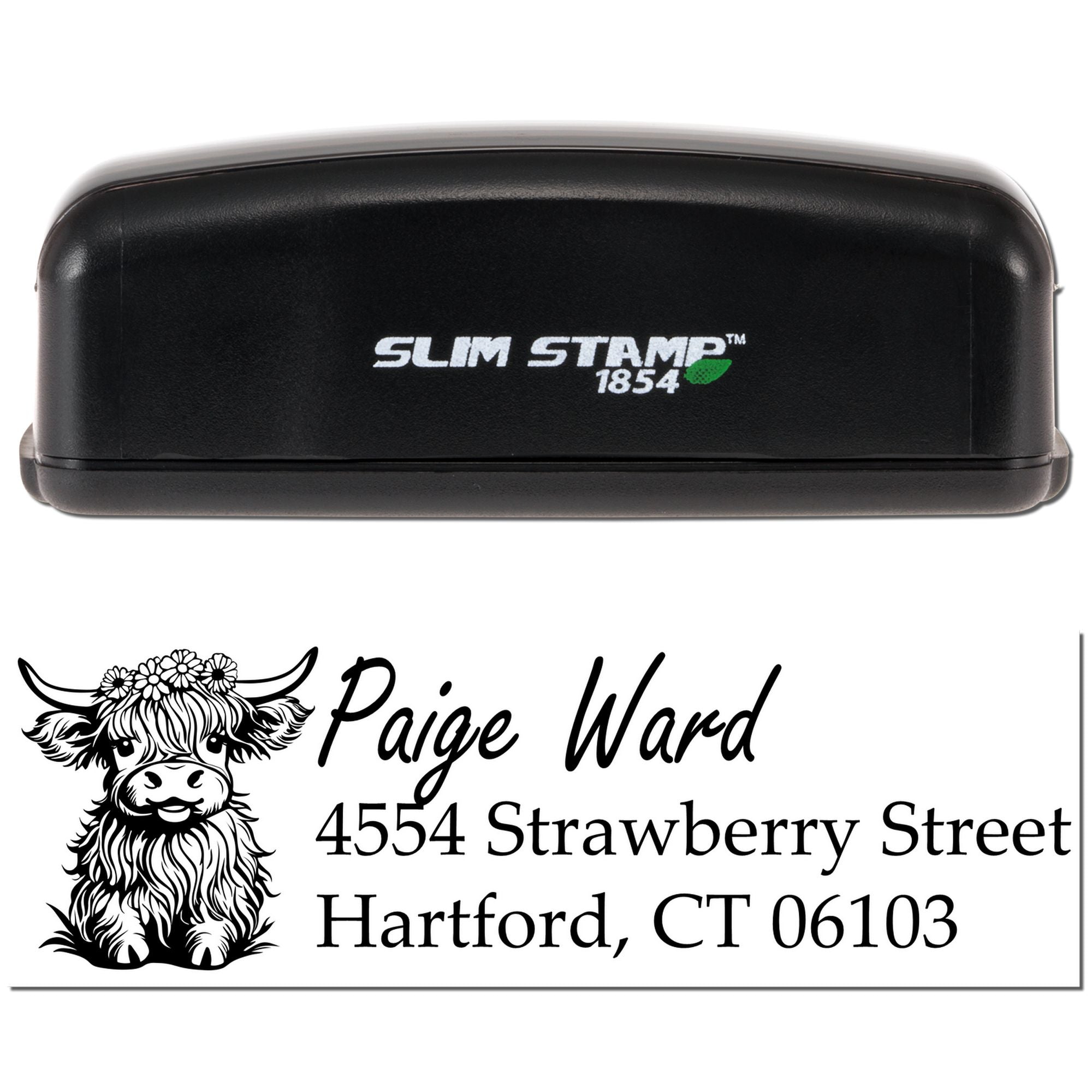 Custom self-inking Slim Stamp 1854 rubber address stamp with cow logo and Paige Ward return address, Hartford CT.