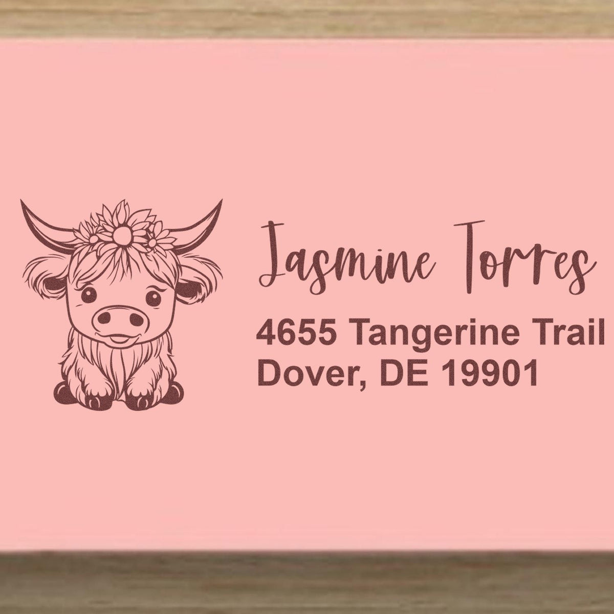 Personalized cow return address rubber stamp with floral heifer design and Dover, DE address